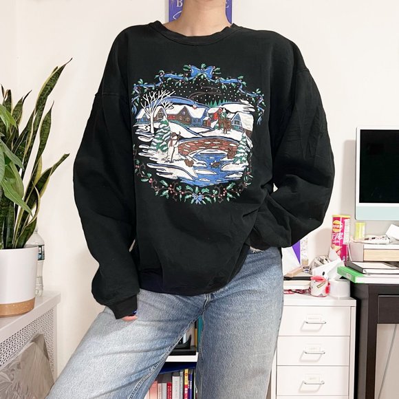 HP 🎉 Vintage Black Christmas Sweatshirt - Picture 1 of 8